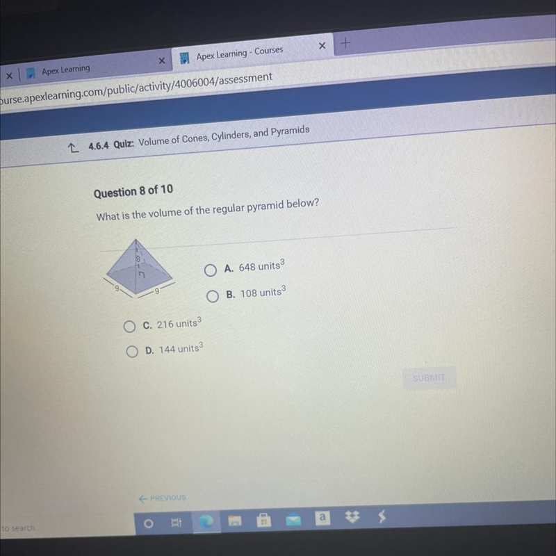 What is the volume of the regular pyramid below?-example-1