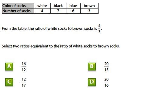 Select two ratios equivalent to the ratio of white socks to brown socks. pls help-example-1