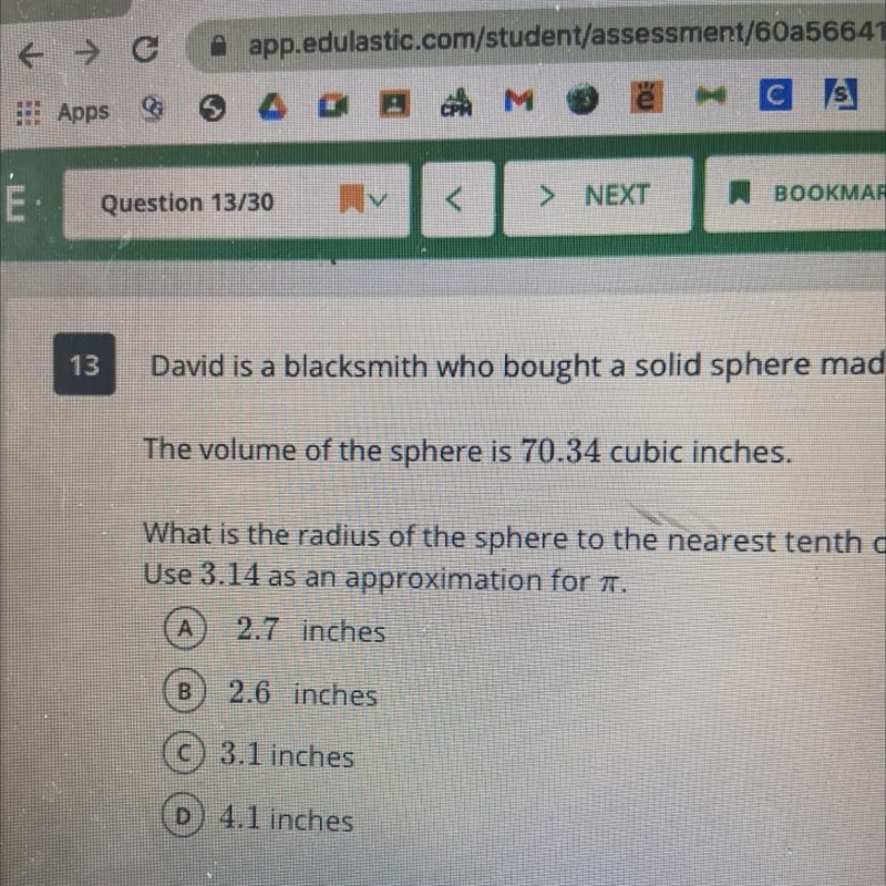 The volume of the sphere is 70.34 cubic inches. use pi 3.14-example-1