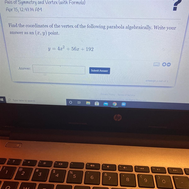 Please help!! Find the coordinates of the vertex of the following parabola algebraically-example-1