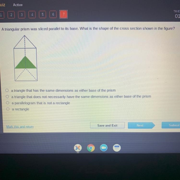 A triangular prism was sliced parallel to its base. What is the shape of the Cross-example-1