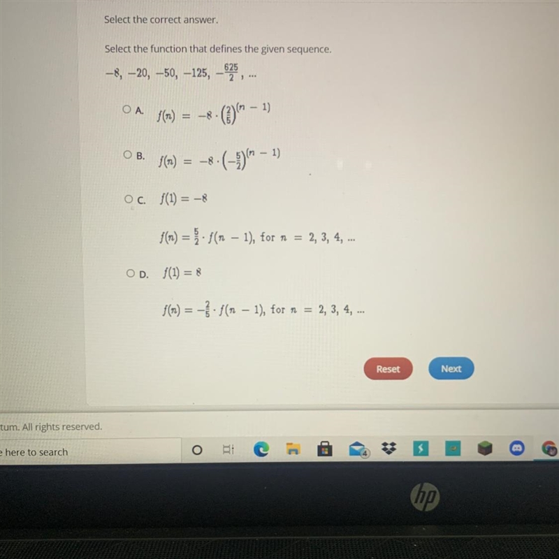 Select the correct answer. Select the function that defines the given sequence. -8, -20, -50, –125, 625,... ОА-example-1