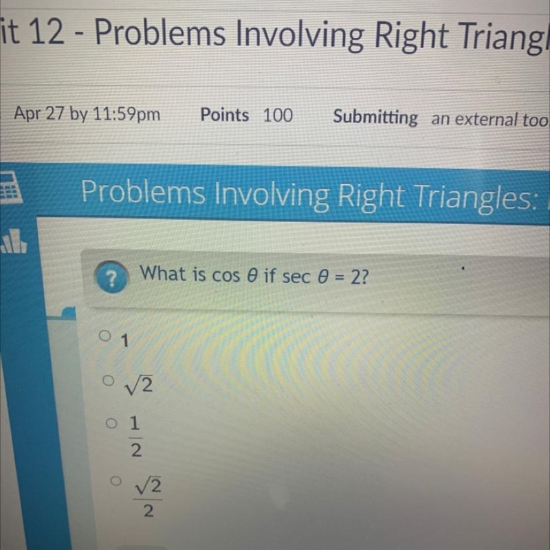 ? What is cos 0if sec 0 = 2? V2 o 1 2 12 2-example-1