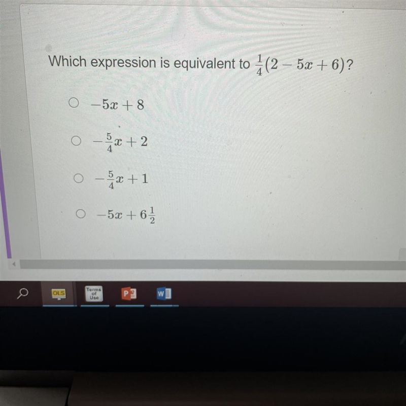 Which expression is equivalent to 1/4(2 – 5x + 6)?-example-1