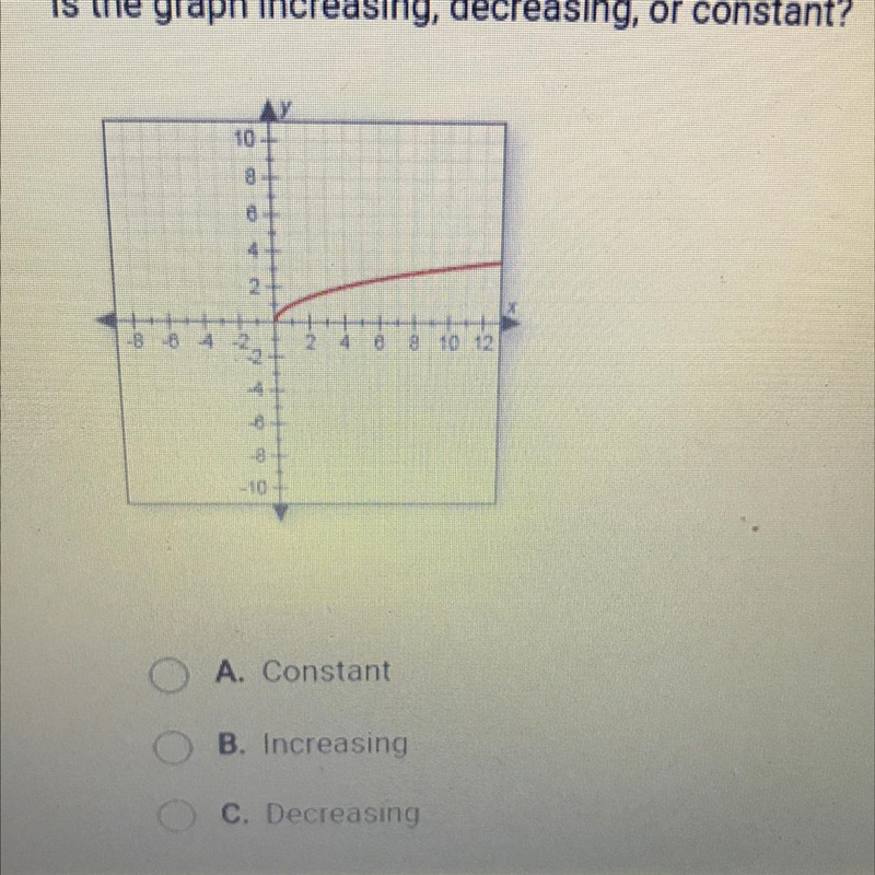 Is the graph increasing, decreasing, or constant? O A. Constant O B. Increasing C-example-1