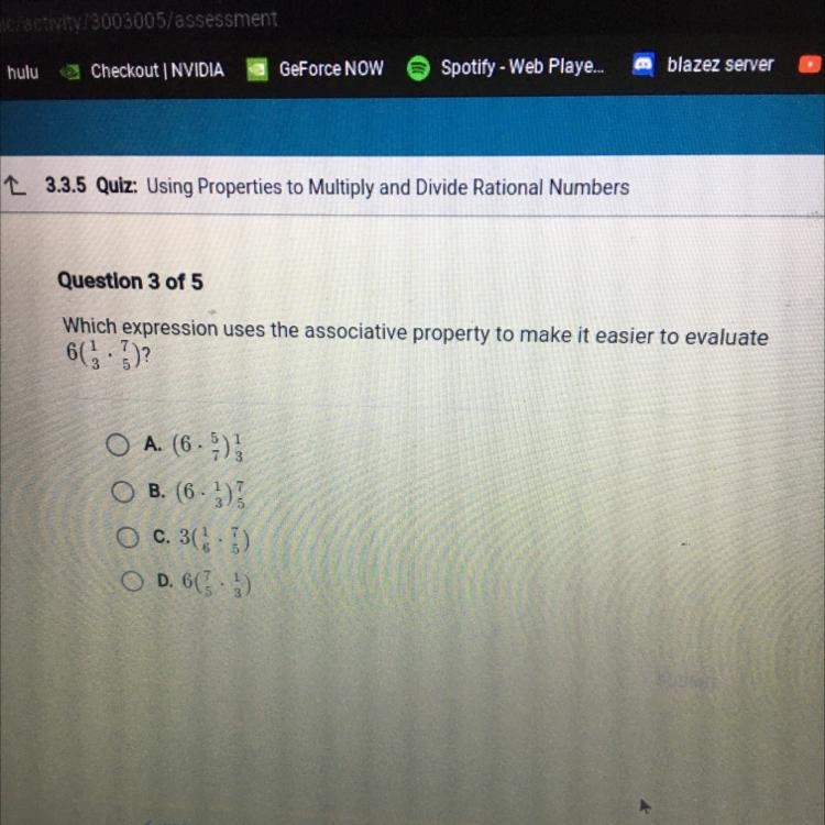 Which expression uses the associative property to make it easier to evaluate 6(1/3 • 7/5 I-example-1