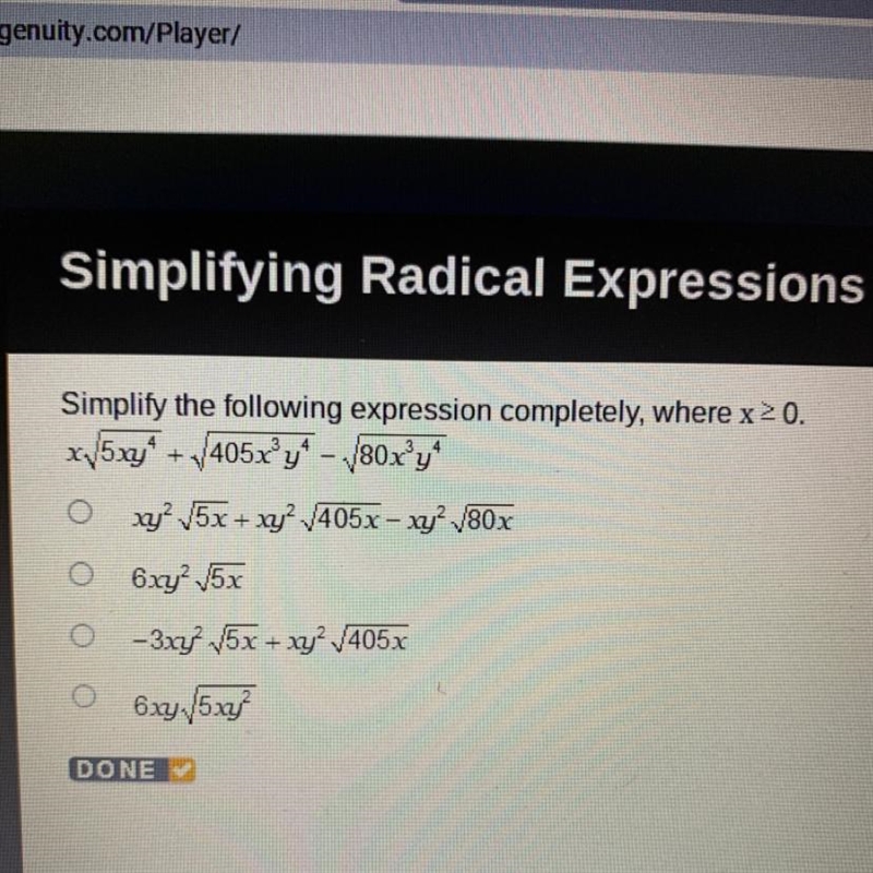 Simplify the following expression completely, where x 20. x5xy* + 405x’y* - 180x’y-example-1