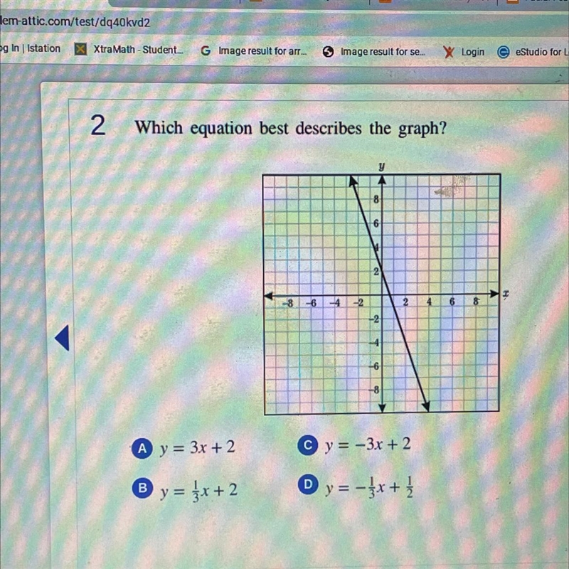 A y = 3x + 2 C y=-3x + 2 B y = 3x + 2 D y = - 3 x + 1/2-example-1