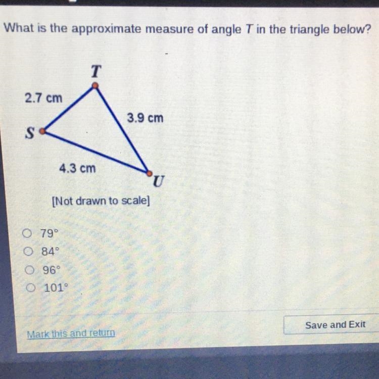 What is the approximate measure of angle T in the triangle below? 2.7 cm 3.9 cm 4.3 cm-example-1