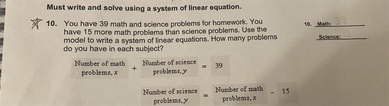 Must write and solve using a system of linear equation. * 10. You have 39 math and-example-1