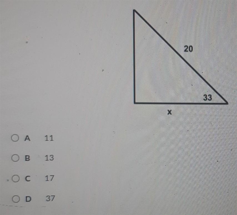 (30, points) A right triangle is shown. Which is closest to the value of an x​-example-1