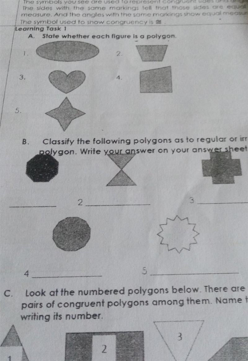 B. Classity the following polygons as to regular or irregular polygon. Write your-example-1