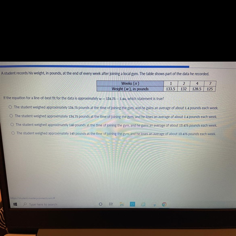 A student records his weight, in pounds, at the end of every week after joining a-example-1