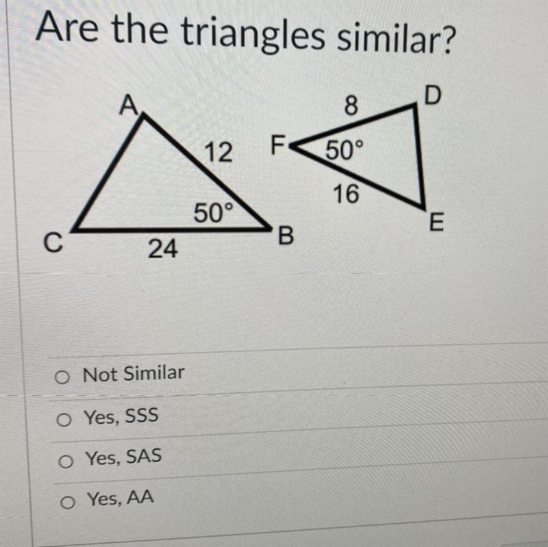 Are the triangles similar?-example-1