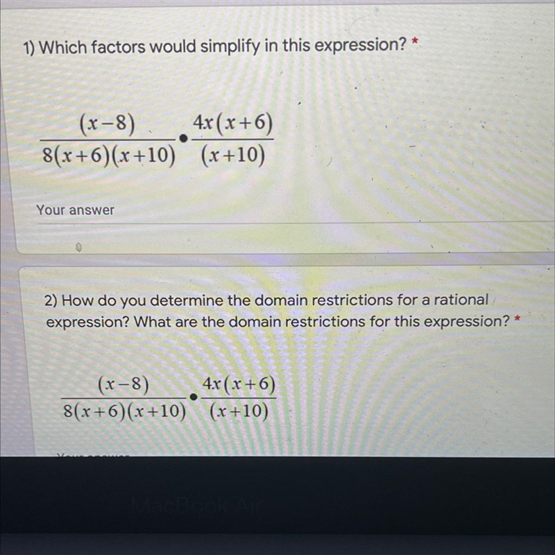 Which Factors would simplify in this expression? (x-8) 4x(x+6) ——————x————- 8(x+6)(x-example-1