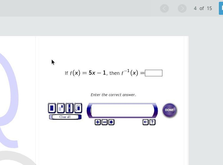 If f(x)=5x-1, then f^-1(x)=-example-1