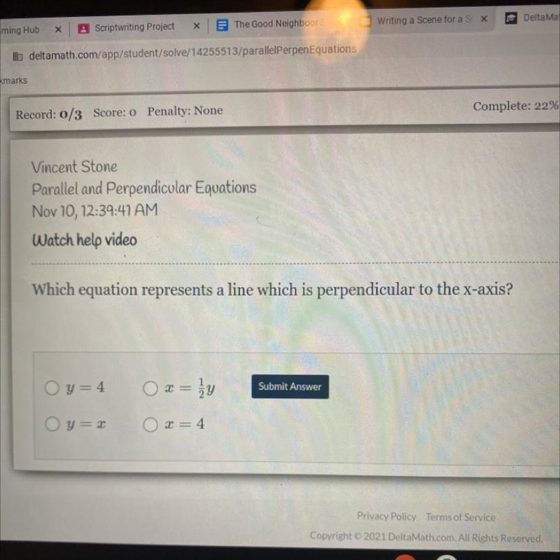 Which equation represents a line which is perpendicular to the x-axis?-example-1