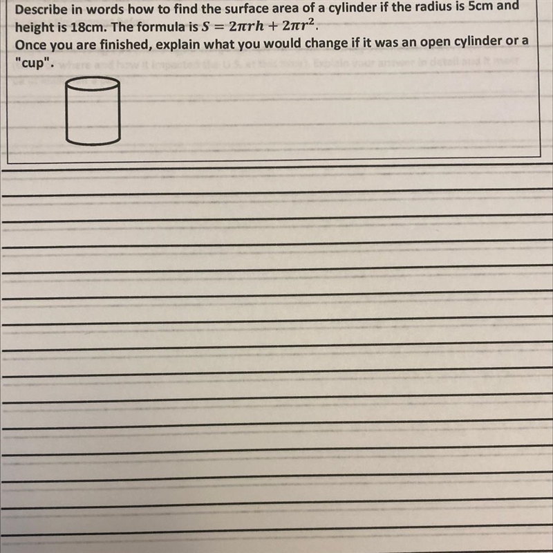 HURRY PLEASE! AT LEAST ONE PARAGRAPH! Describe in words how to find the surface area-example-1