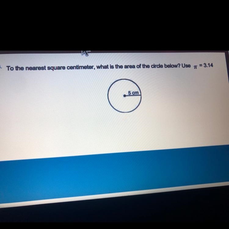 To the nearest square centimeter, what is the area of the circle below? Use pi = 3.14-example-1