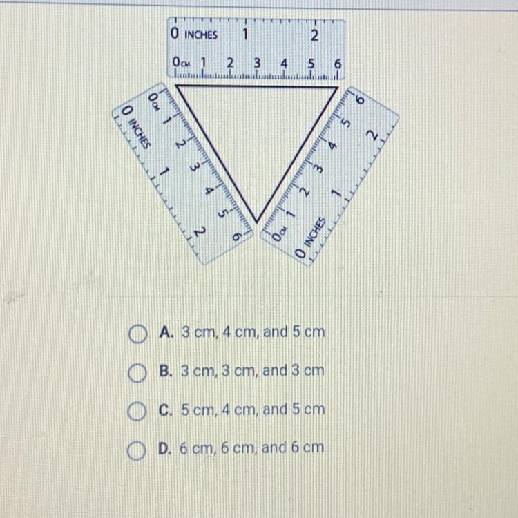 Which three side lengths best describe the triangle in the diagram?-example-1