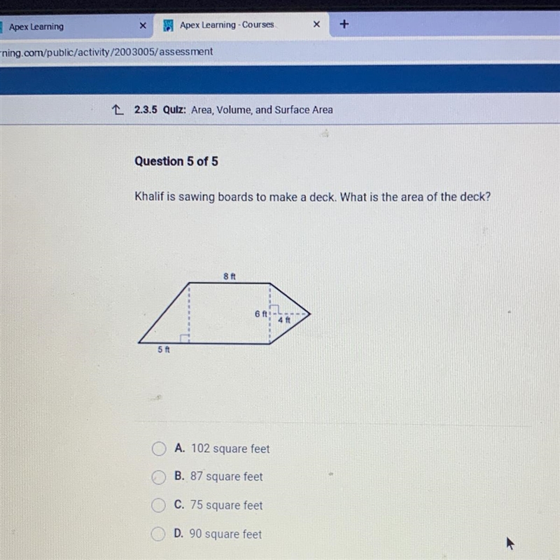 Khalif is sawing boards to make a deck. What is the area of the deck? 8 ft 6 ft- 4 ft-example-1