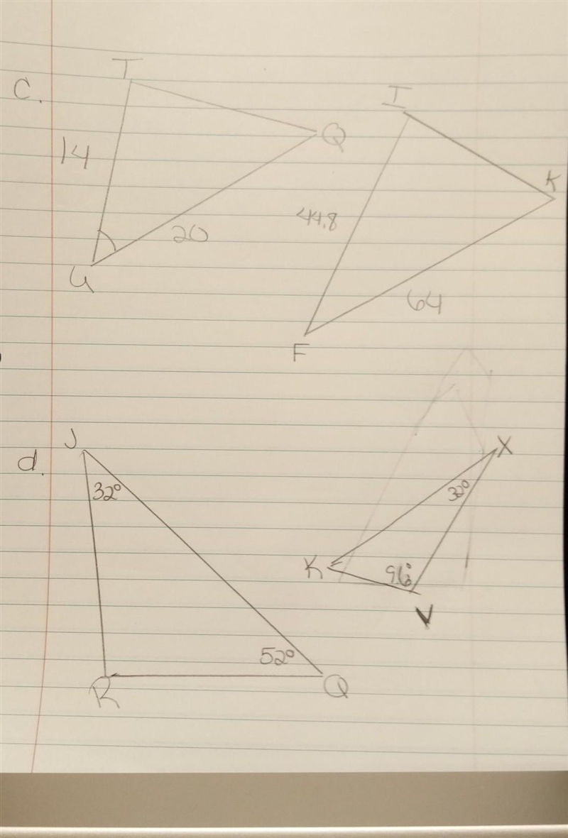 NO LINKS!!! Part 2. Decide if each pair of triangles below is similar. If the triangles-example-1