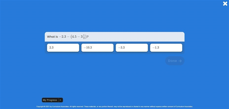 What is -2.3 - ( 4.5 - 3 1/2)? a) 2.3 b)-10.3 c) -3.3 d)-1.3 PLEASE HELP ME SOON!!!!!-example-1