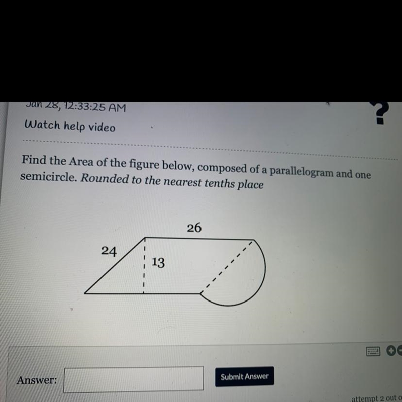 Find the Area of the figure below, composed of a parallelogram and one semicircle-example-1