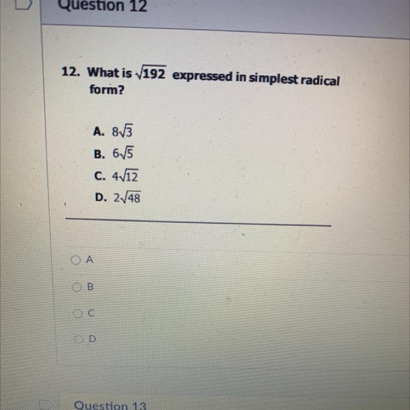 What is √192 expressed in simplest radical form?-example-1