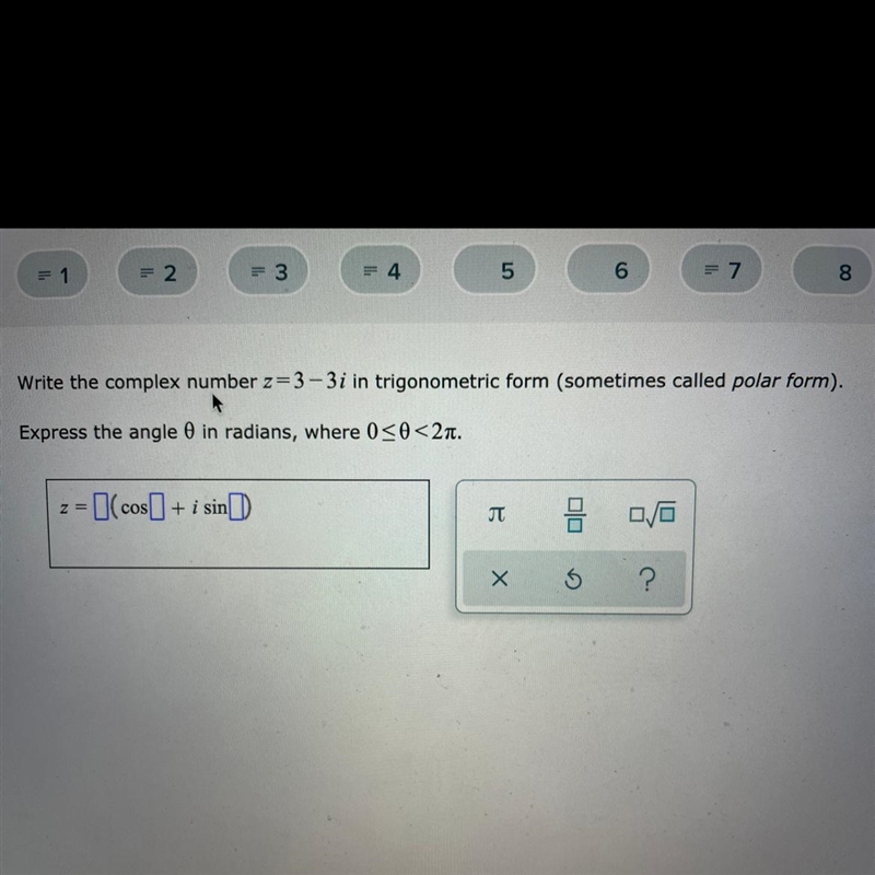 Write the complies number z=3-3i in trigonometric form-example-1