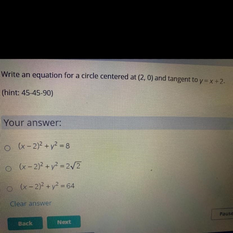 Write an equation for a circle centered at (2,0) and tangent to y=x+2-example-1