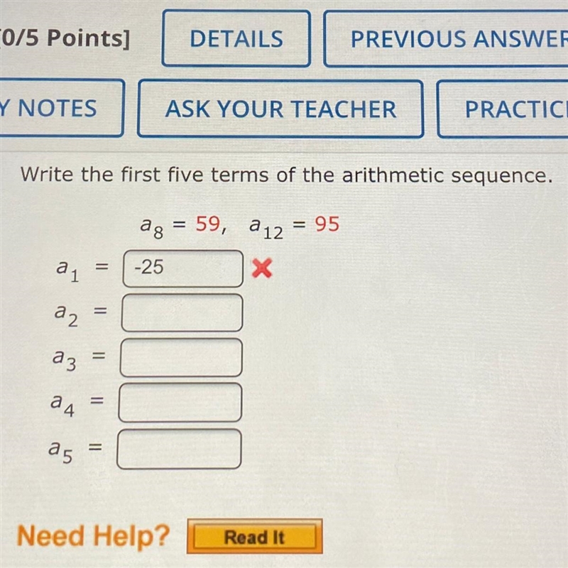 Write the first five terms of the arithmetic sequence. Please show work. Scam answers-example-1