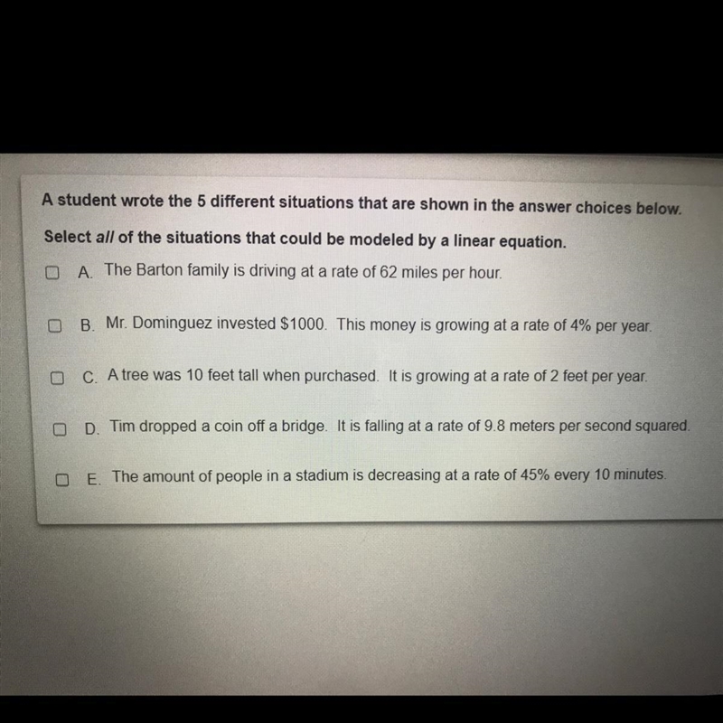 A student wrote the 5 different situations that are shown in the answer choices below-example-1