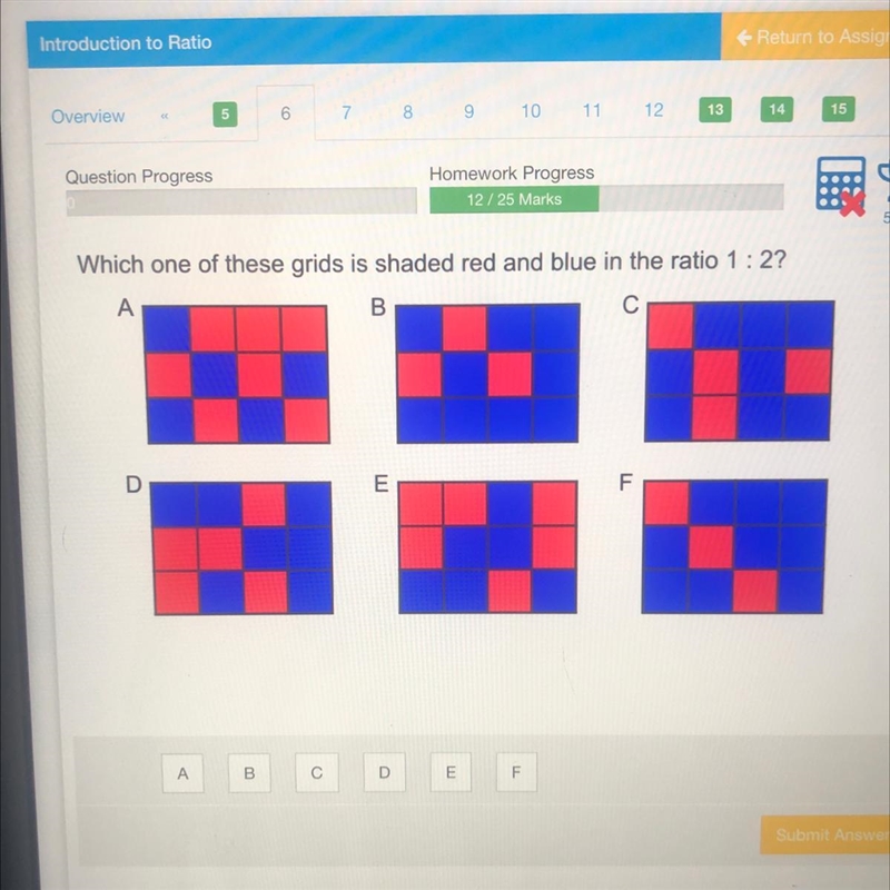 Which one of these grids is shaded red and blue in the ratio 0.5: 1? A B D E F-example-1