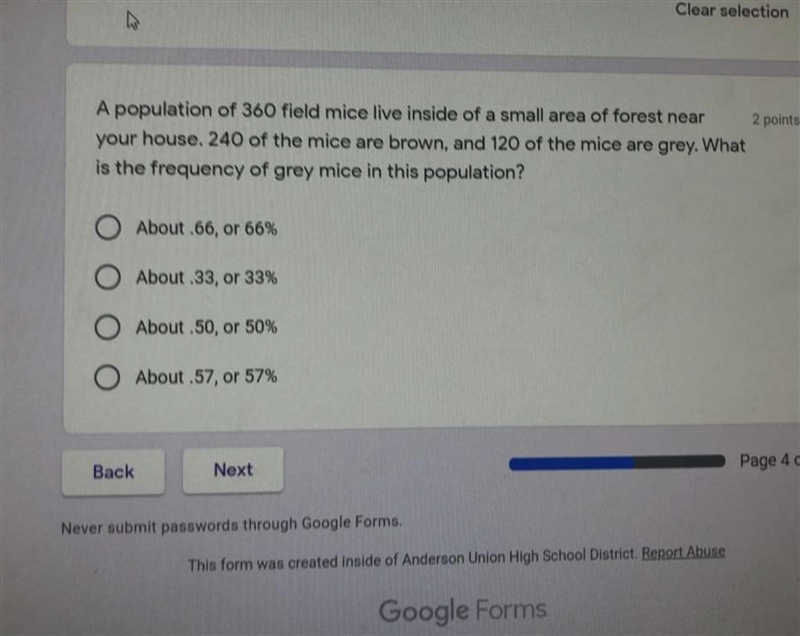 A population of 360 field mice live inside of a small area of forest near your house-example-1