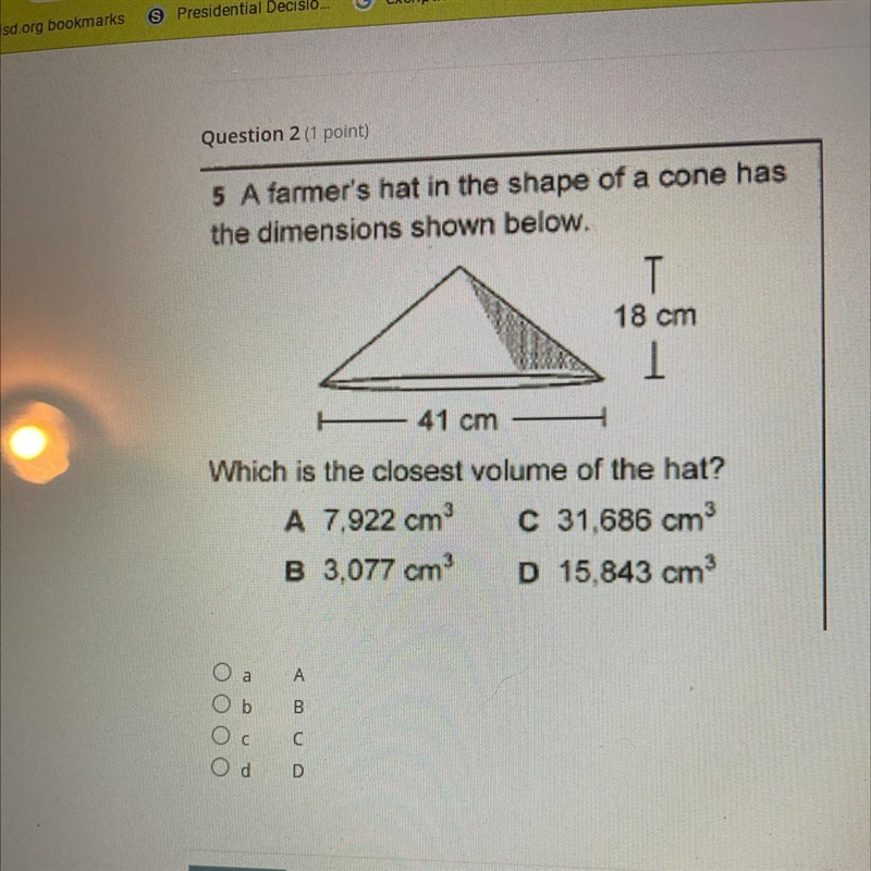 5 A farmer's hat in the shape of a cone has the dimensions shown below. T 18 cm 1 H-example-1