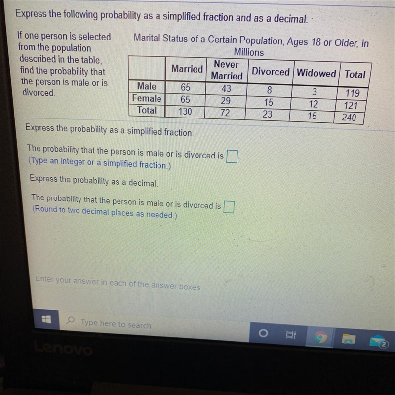 What is the probability that the person is male or divorced-example-1