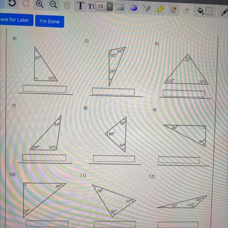 Identify each triangle based on angles. (Acute, Obtuse or Right) PLEASE HELP-example-1