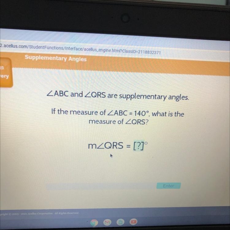 ZABC and ZQRS are supplementary angles. If the measure of ZABC = 140°, what is the-example-1