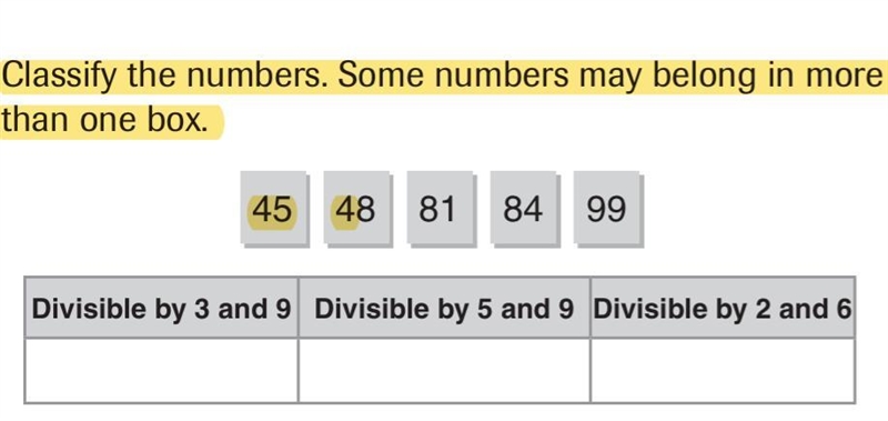 Classify the numbers. Some numbers may belong in more than one box. 45 48 81 84 99-example-1