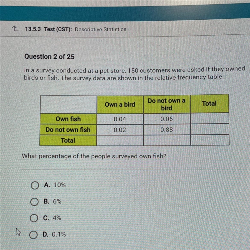 In a survey conducted at a pet store, 150 customers were asked if they owned birds-example-1