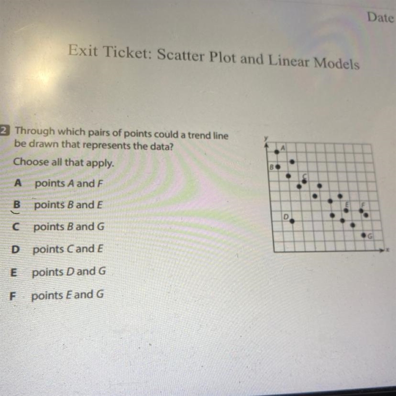 2 Through which pairs of points could a trend line be drawn that represents the data-example-1