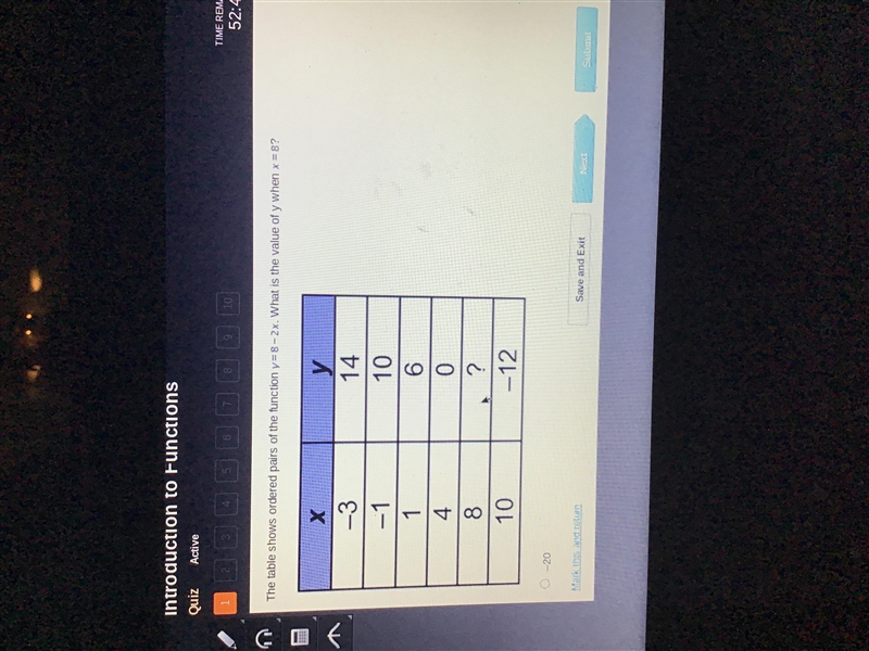 The table shows ordered pairs of the function y=8-2x. what is the value of y when-example-1