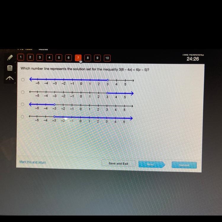 Which number line represents the solution set for the inequality 3(8-4x) < 6(x-example-1