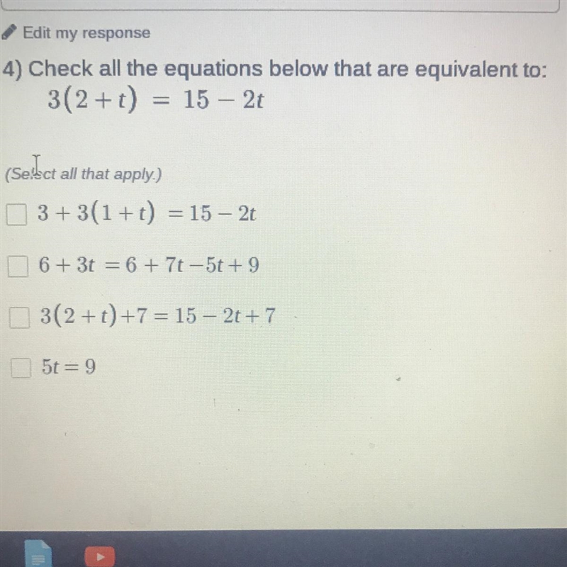 4) Check all the equations below that are equivalent to: 3(2+1) = 15 - 26 (Select-example-1