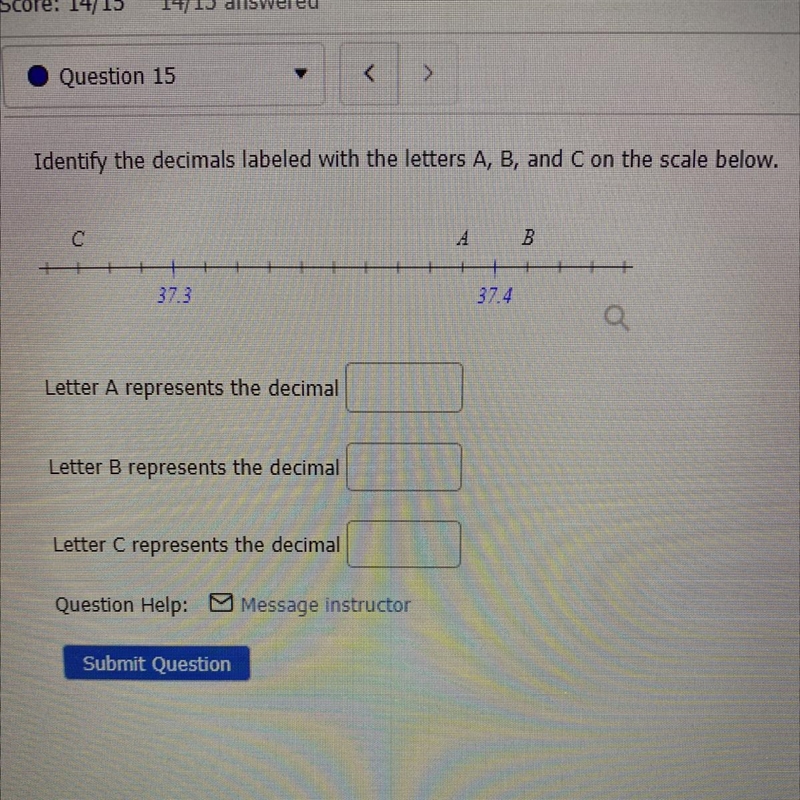 Identify the decimals labeled with letters A B and C on the scale-example-1