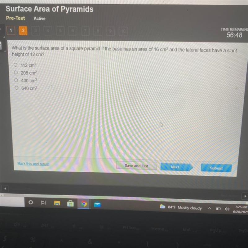 What is the surface area of a square pyramid if the base has an area of 16 cm2 and-example-1