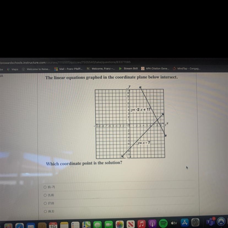 The linear equations graphed in the coordinate plane below intersect. Which coordinate-example-1