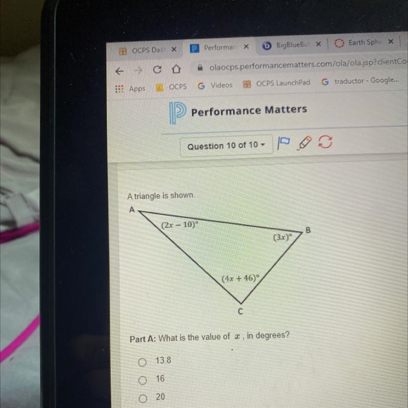 A triangle is shown A (2х - 10) B (3x) (4х + 46), с Part A: What is the value of x-example-1