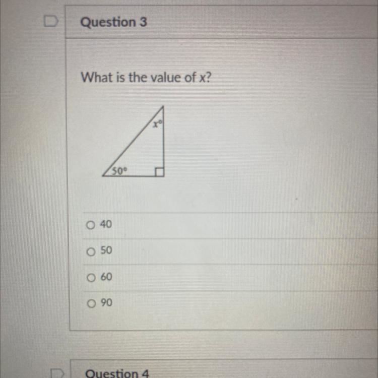 What is the value of x? 50° 50 Ο Ο Ο Ο O 90-example-1